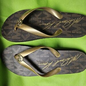 Michael Kors Gold and Brown Flip Flops